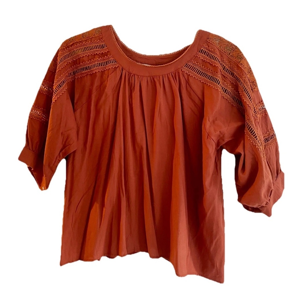Sundance Top Womens XL Brown Crochet Boho Lagen look Blouse 100% Cotton